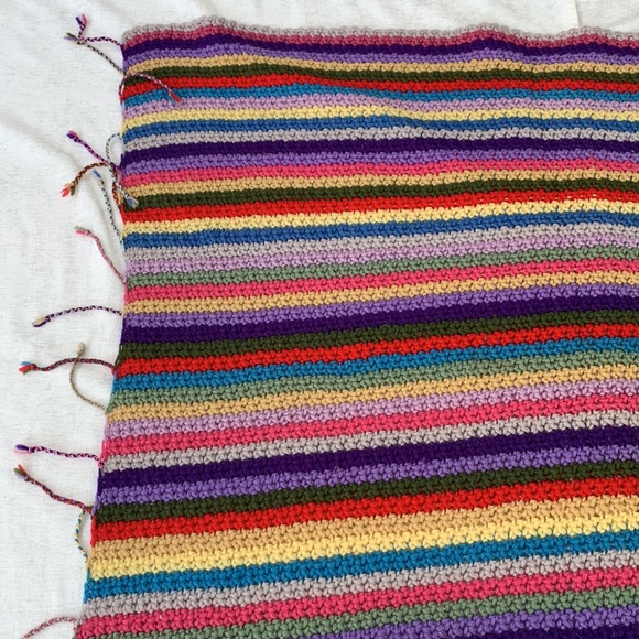 Vintage Handmade Crochet Knit Rainbow Afghan Blanket Fringe “Granny Square” - Picture 3 of 9